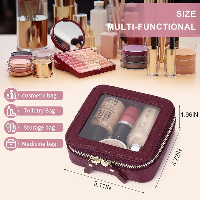 Pinkmik Small Makeup Bag Clear Mini Cosmetic Makeup Case & Toiletry Bag with Zipper Women's Purse Organizer & Car Essentials (X/Burgundy, MINI)