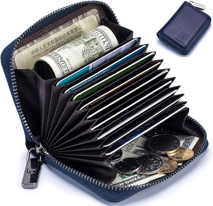 BULLCAPTAIN Genuine Leather Men Wallet Card Holder Cards Zipper Credit Card Pack Case Purse (blue)