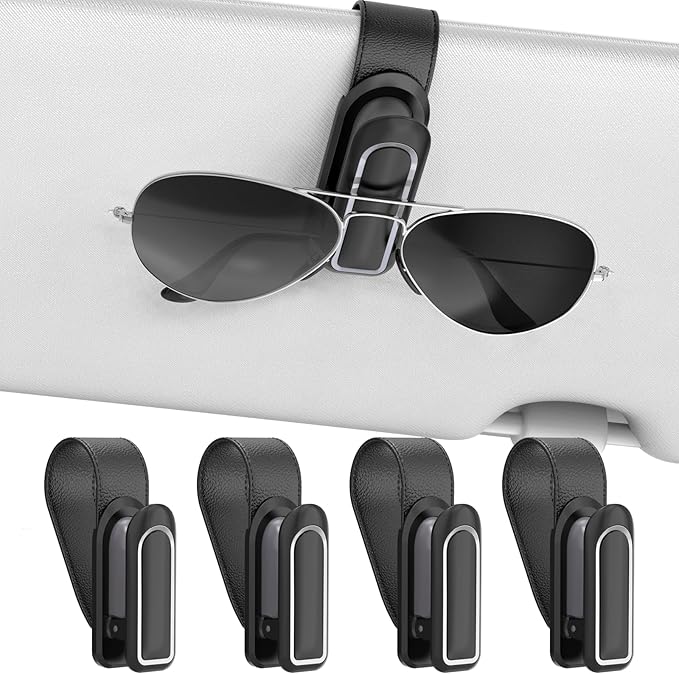 Veharvim Sunglass Holder for Car (2 Pack, One-Handed Operation, Gentle & Secure Hold, Silicone Padded, Universal Fits Sunglass and Car Visor) - Sunglasses Clip for Car Visor (Black & Silver, 4 Pack)
