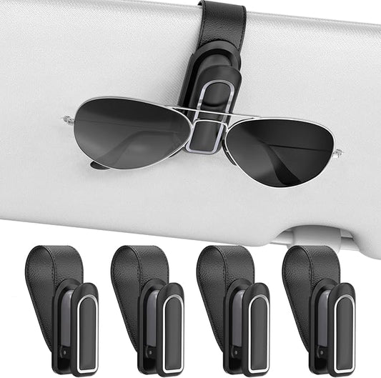 Veharvim Sunglass Holder for Car (2 Pack, One-Handed Operation, Gentle & Secure Hold, Silicone Padded, Universal Fits Sunglass and Car Visor) - Sunglasses Clip for Car Visor (Black & Silver, 4 Pack)