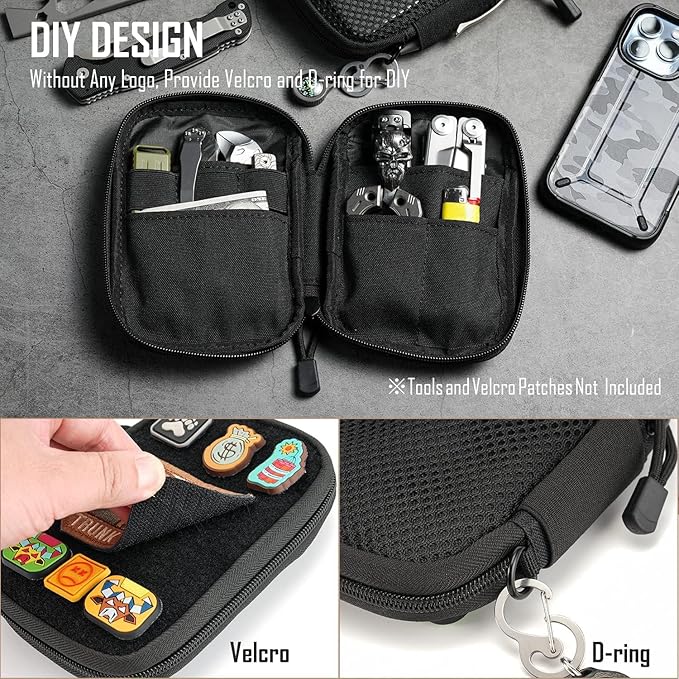 Sayram EDC Pouch Organizer Small Utility Pouch for Multitool, Nylon Tactical Gear Bag with DIY Patch Panel D-Ring, Compact Everyday Carry Pouch for Keys Flashlight Knife