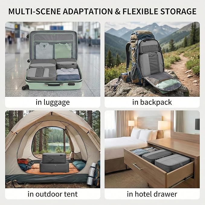 4 Piece Compression Packing Cubes for 3–7 Day Travel, Space Saving Travel Organizers with Breathable Mesh, Double-Zipper Packing Cubes for Carry-On & Suitcases (Silver)