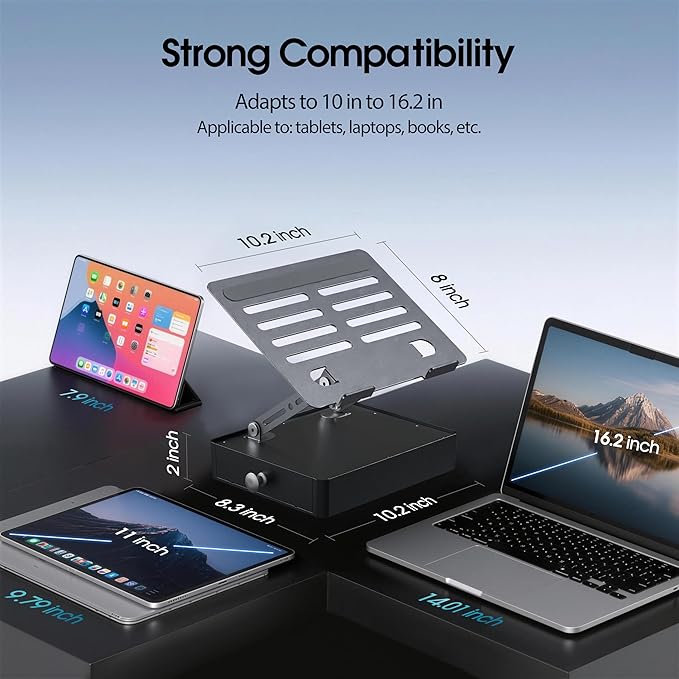Laptop Stand with Storage Drawer, Heavy-Duty Metal Laptop Riser for Desk, Ergonomic Height & Angle Adjustment for 10–16.2″ Laptops, Gray