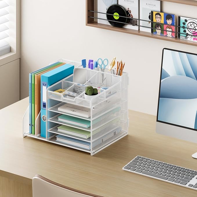 Lavatino 5-Tier Desk Organizer with 2 File Holders, Metal Adjustable Paper Letter Tray for Office or Home Desk Organizers and Accessories | 7 Flexible Dividers Keep Workspace Supplies Neat, White