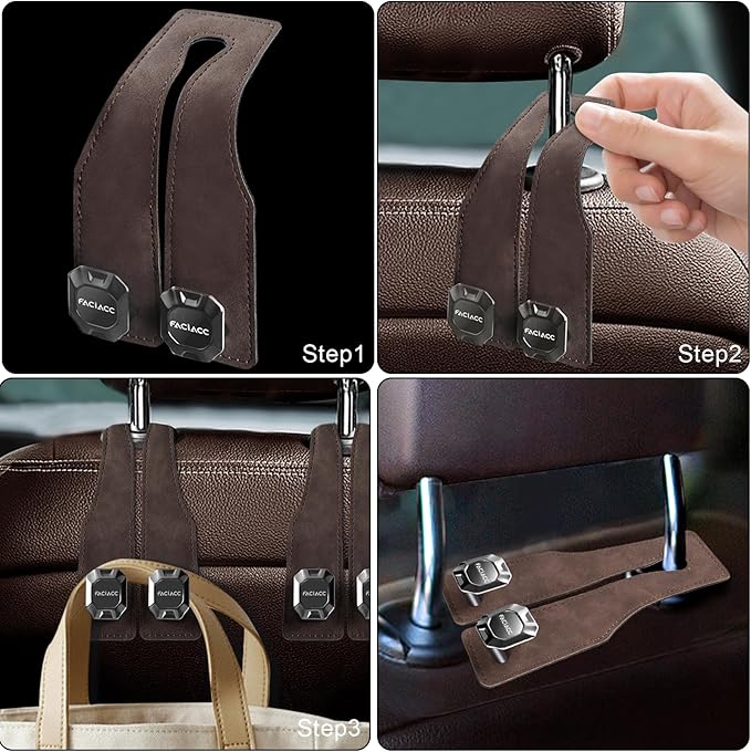 FACIACC 4 Pack Car Seat Headrest Hooks, Purse Hook for Headrest Universal Double Car Headrest Hooks Accessories Backseat Hanger Bag Holder Storage Hanger for Handbag Purse Coat Bags, Brown