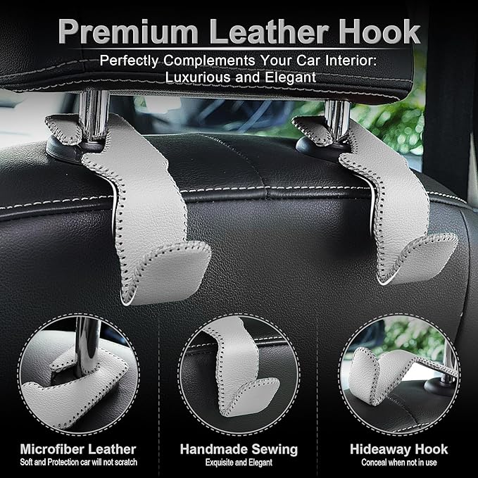 LivTee Gray Superior Leather Car Seat Back Headrest Hook, Auto Seat Hook Hangers Interior Accessories for Purse Coats Umbrellas Grocery Bags Handbag, 2-Pack