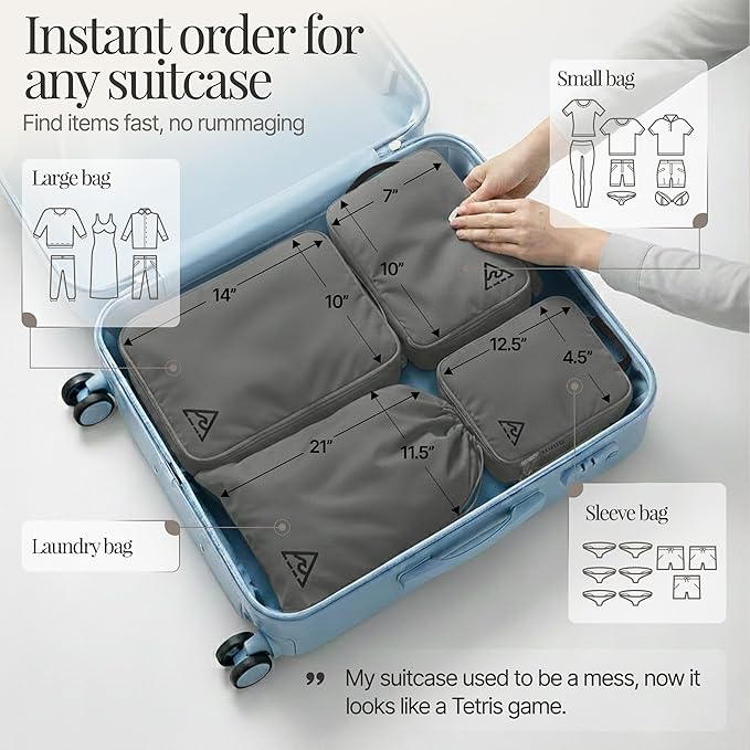 Well Traveled 8 pcs Compression Packing Bags Cubes Set with HybridMax Double-Capacity Design - Packing Cubes for Travel Compression to Maximize Limited Luggage Space, Grey