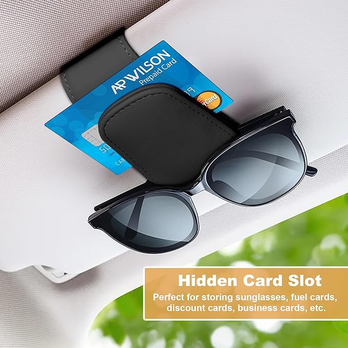 2 Packs Sunglass Holder for Car, Magnetic Leather Car Sunglass Holder, Visor Sunglasses Holder Clip, Sunglasses Clip for Car Visor, Sunglass Holder for Different Size Eyeglasses (Black)