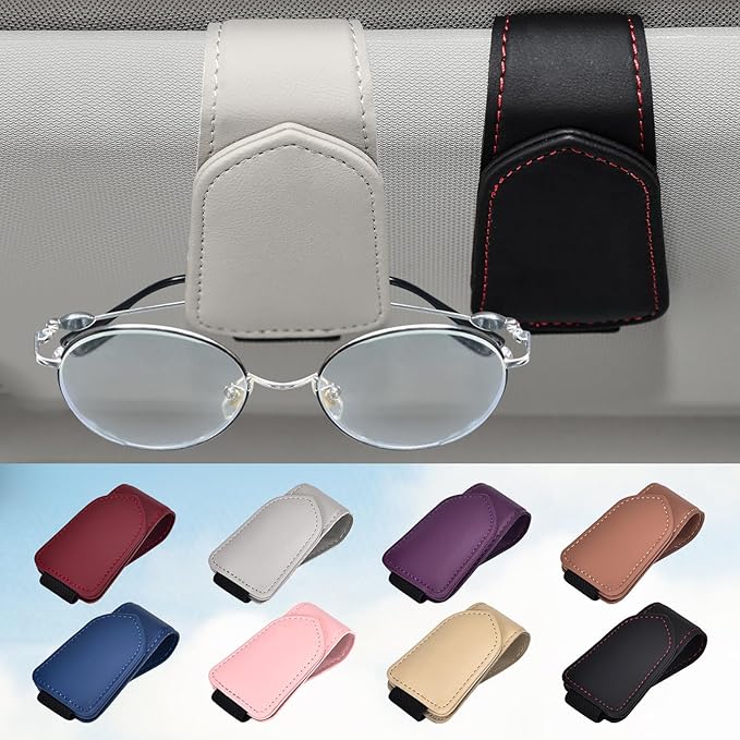 Hoffi Black Sunglasses Holder for car Visor, 2 Packs Magnetic Leather Sunglasses Clip for car Visor, car Accessories for Women and Men Interior, Visor Sunglasses Holder Clip（Black+Gray）