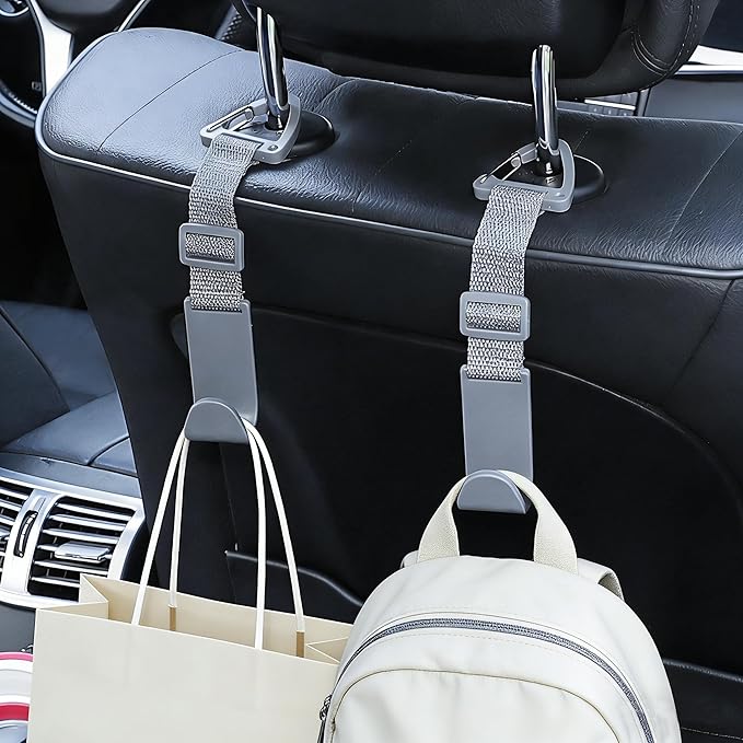 Adjustable 4-Pack Car Headrest Hooks - Universal Seat Back Organizer with Heavy-Duty Clip for Purses, Bags & Groceries Gray