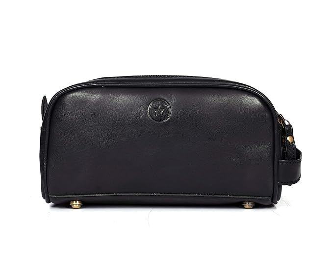10" Premium Leather Toiletry Travel Pouch With Waterproof Lining | King-Size Handcrafted Vintage Dopp Kit By Aaron Leather Goods (Carob)