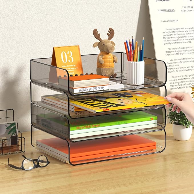 FANXIYQ 4-Tier Acrylic Paper Tray Organizer, Clear & Brown Stackable Desk File Organizer for Documents, Mail, Homework & Notebooks, Decorative Letter Tray for Home Office, Classroom & Study Desk