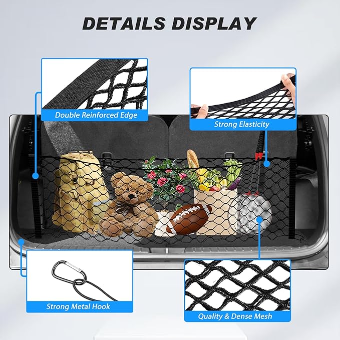 Karltys Envelope Style Cargo Net for Toyota RAV4 2013 2014 2015 2016 2017 2018, Elastic Rear Trunk Mesh Cargo Net for RAV4 Double Layer Nylon Mesh Storage Netting Organizer with Metal Hooks