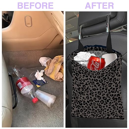 Car Trash Bag Hanging Black Gray Leopard Print Car Trash Can for Back Seat Waterproof Car Trash Bin with Adjustable Straps and Drawstring for Car Accessories Vehicle Travelling Camping