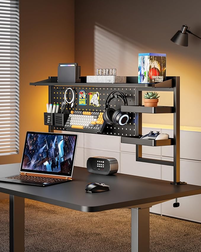 PEGZONE Clamp on Desk Shelf, 44" Desktop Shelving System with Pegboard and Accessories, Desktop Organizer with 2-Tier Shelf, Desk Pegboard for Office Home Gaming, Black