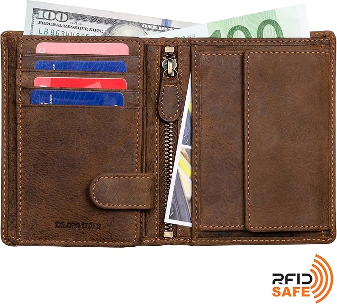 DiLoro Mens Full Size Large Capacity Genuine Full Grain Leather Wallet Bifold Flip ID Coin & Zip Pockets RFID Blocking Anti-Theft (Dark Hunter Brown)