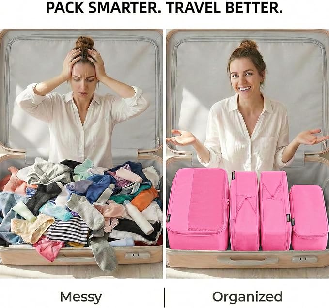 4 Piece Compression Packing Cubes for 3–7 Day Travel, Space Saving Travel Organizers with Breathable Mesh, Double-Zipper Packing Cubes for Carry-On & Suitcases (Pink)