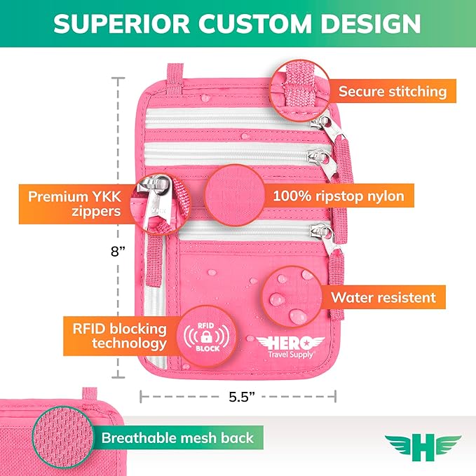 HERO Neck Wallet - RFID Blocking Passport Holder, Easy to Conceal Travel Puch (Hot Pink)