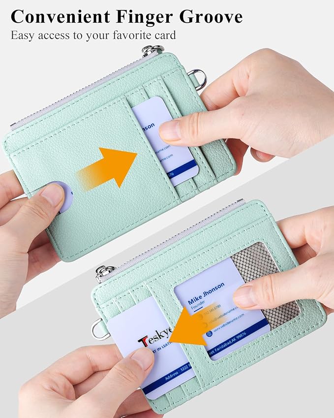 Teskyer Slim Card Holder Wallet with Zip Pocket, RFID Blocking, Total 9 Compartments Large Capacity, 3.5" x 4.7" (Slight Larger Than Usual), Faux Leather - Light Green