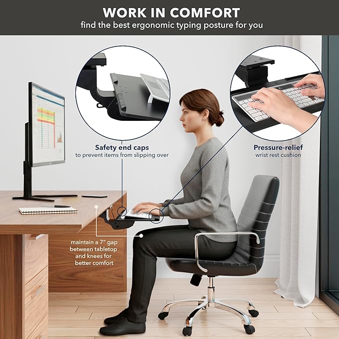 Mount-It! Under Desk Keyboard Tray, Adjustable Slide-Out Keyboard & Mouse Platform, 26.38" W × 10" D, Ergonomic Wrist Rest, Height Tilt & Swivel, Heavy-Duty Bolt-On Keyboard Drawer for Home Office