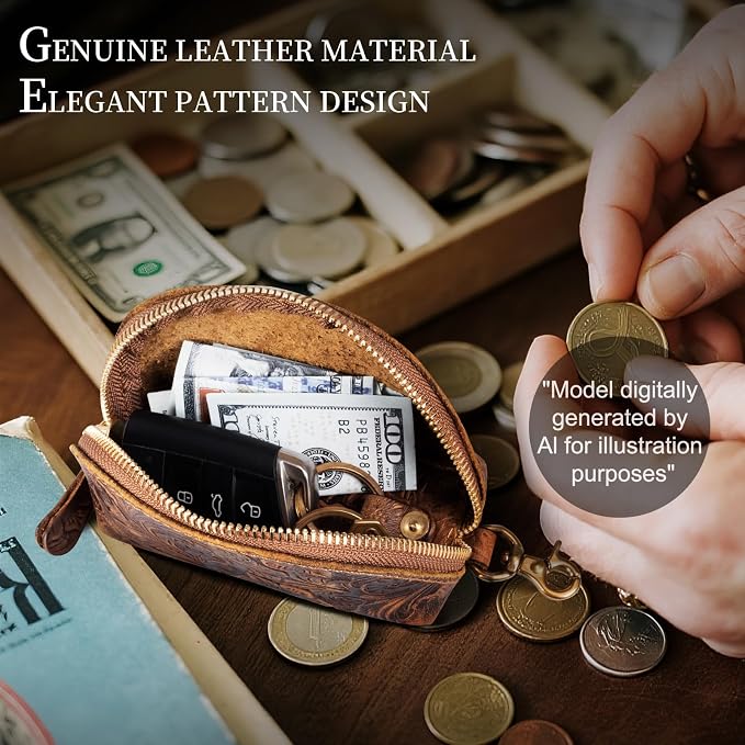 Gexmil Genuine Leather Coin Purse with Zipper, Full Grain Leather, Mini Coin Pouch for Women Men, Change Wallet,Floral Brown