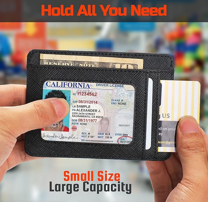 RFID Slim Wallet for Men Women, 8 Card Slot Leather Minimalist Front Pocket Credit Card Holders Carbon Fiber Leather Black