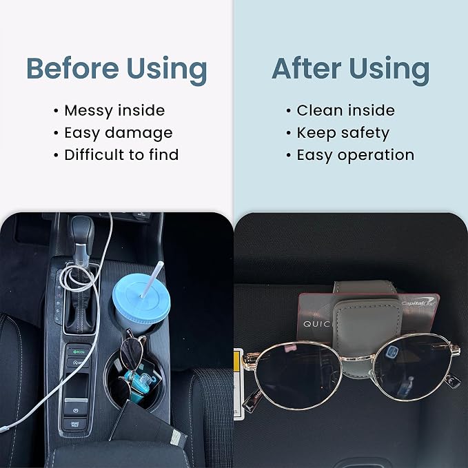 Sunglass Holder for Car Visor Clip Pack 2 - Magnetic Leather Sunglasses Holder- Eyeglass Organizer for Car - Visor Sunglasses Bracket Clip (Gray)