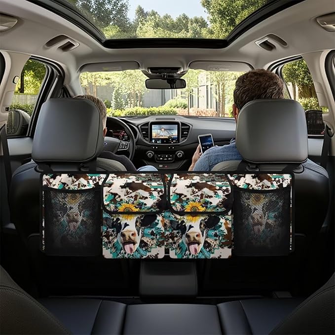 Aztec Tribe Sunflower Car Trunk Organizer,Backseat Hanging Large Storage with Adjustable Straps,Funny Cow Design Collapsible Cargo Bag,Car Interior Accessories Not Easy to Fade
