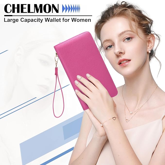 Chelmon Women's Vegan Leather Clutch Wallet with Zip, Hand Strap, Large Capacity