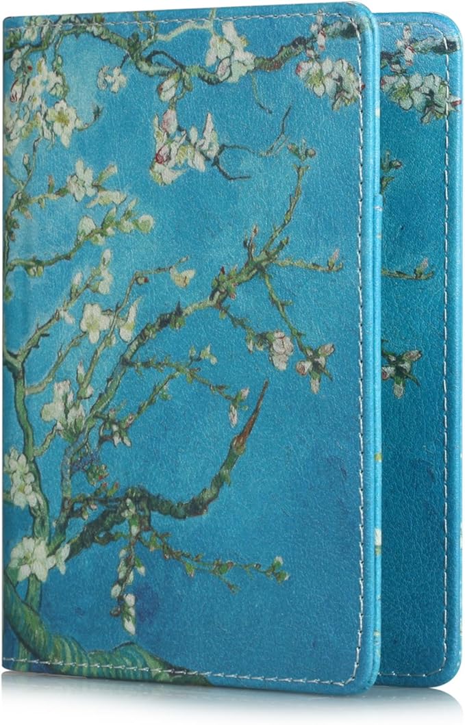 Passport Holder, Slim Travel Wallet RFID Blocking Card Case Passport Cover Protector Travel Essentials with Credit Card Slots Pockets for Women/Men, Almond Blossom Tree