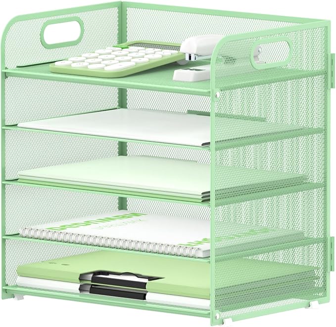 Supeasy 5 Trays Paper Organizer Letter Tray with Handle-Mesh Desk File Holders, Paper Sorter Desk Organizer for Office, Home, Classroom or School(Mint Green)