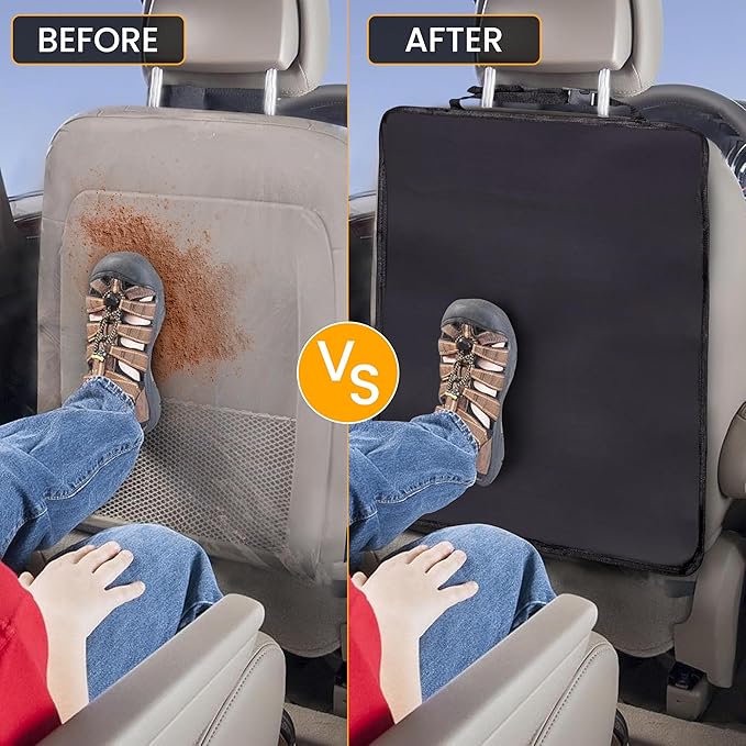EcoNour 2 Pack Large Back Seat Protector for Kids Feet | Premium Waterproof Kick Mats | Durable Black Backseat Cover for Child to Protect from Dirt, Mud & Scratches | Automotive Travel Accessories