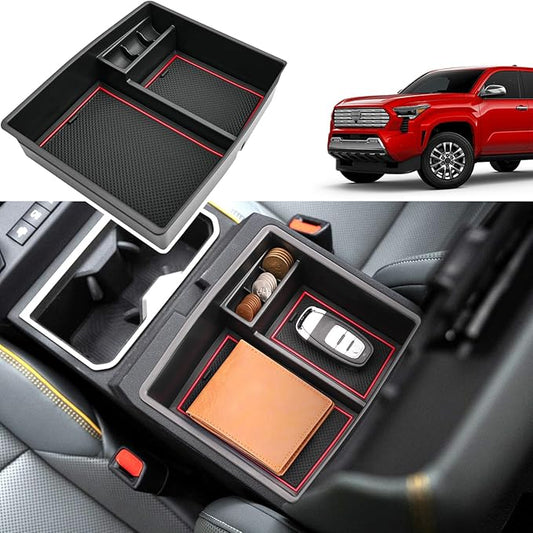 2024 2025 2026 Tacoma Center Console Organizer for Toyota Tacoma (All Trims), Durable ABS Plastic&Anti-slip Rubber Console Tray Glove Insert 2026 2025 Tacoma Accessories (with Red Mats)
