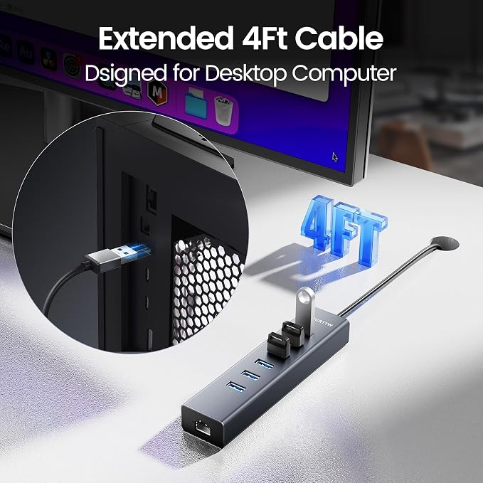 4FT USB to Ethernet Adapter, 7-in-1 USB Hub 3.0 Multiport Adapter with Ethernet 1Gbps & 6 USB 3.0 Port, USB Ethernet Adapter for Desktop, Laptop, MacBook, XPS Windows
