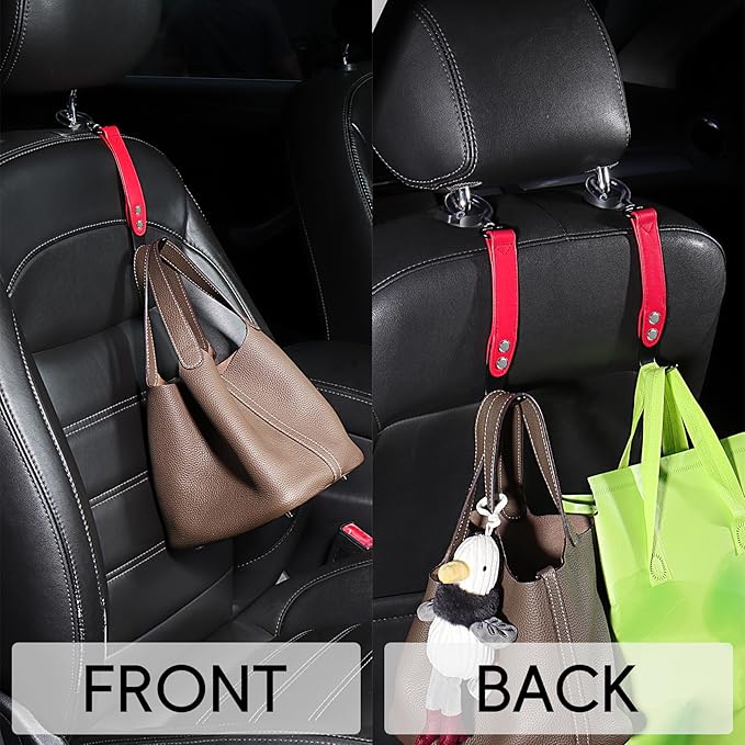 2 Pack Car Hook Holder Leather Headrest Hooks for Purses and Bags,SUS304 Car Hook(Red)