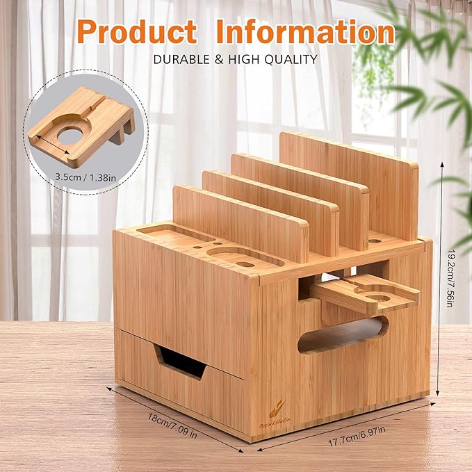 Pezin & Hulin Multi Device Charging Station, with Charger HUB Adapter, All in One Large Dock Organizer with Drawer Storage, Compatible with Phones, Tablets, Earbuds (5 Mixed Cables Included)