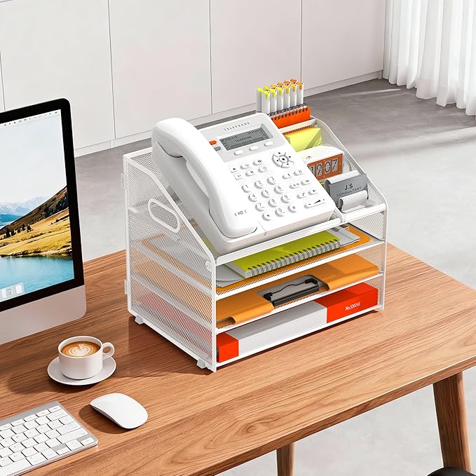 DocNest 4 Tier Metal Mesh Letter Tray - Space Saving Desk File Organizer with Handle, Pen Holder & Folder Holder - Desktop Document Sorter for Office, Home, School, Classroom - White
