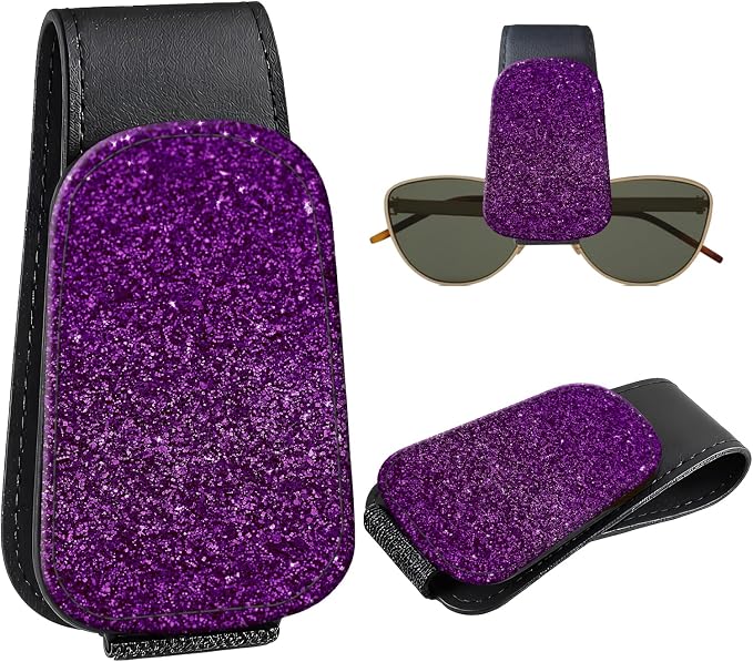 Leather Magnetic Sunglass Holder for Car Sun Visor, Cute Eyeglass Ticket Card Hanger Clip, Universal Auto Interior Accessories for SUV Pickup Truck, Purple Glitter