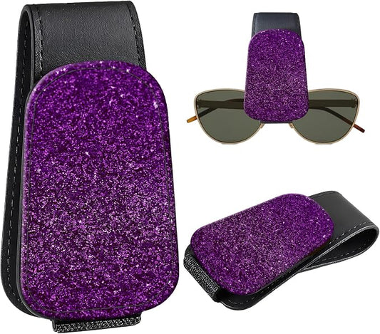 Leather Magnetic Sunglass Holder for Car Sun Visor, Cute Eyeglass Ticket Card Hanger Clip, Universal Auto Interior Accessories for SUV Pickup Truck, Purple Glitter