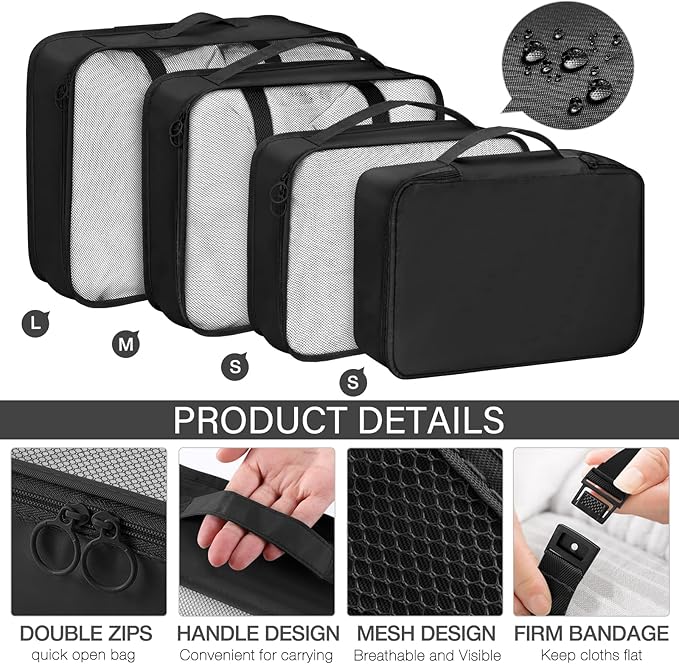 KPX 8 Set Packing Cubes for Travel, Luggage Packing Organizers Accessories Large Toiletries Bag for Clothes Shoes Cosmetics (Black)