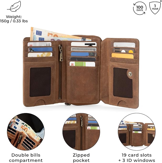 BERLINER BAGS Vintage Genuine Leather Wallet Vienna, RFID Blocking Credit Card Holder, Trifold Clutch Purses, Zip Around Womens Wallet for 19 cards, ID window, Bills, Coins - Brown
