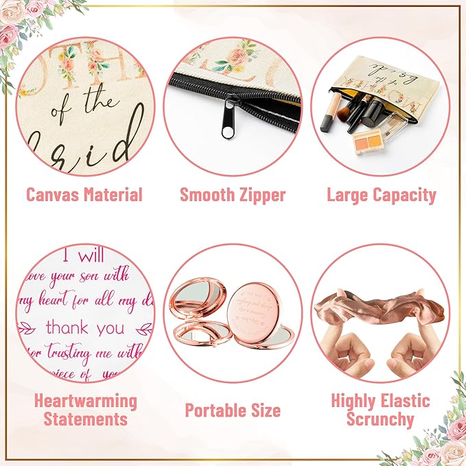 Y1tvei 8Pcs Mom Flower Mother of the Groom and Bride Gifts Set Mother of the Bride Canvas Cosmetic Bag Small Makeup Mirror Handkerchief Rose Gold Scrunchies Engagement Wedding Gifts for Mum in Law
