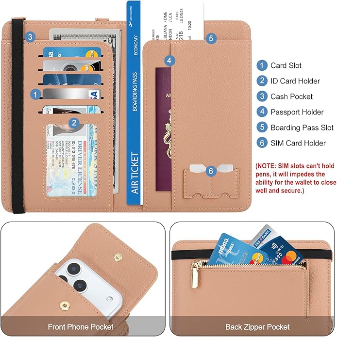 DOB SECHS Leather Passport Wallet Crossbody Phone Bag, RFID Blocking Passport Holder Credit Cards Case for Women