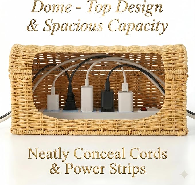 Cable Management Box, Handwoven Rattan Cable Organizer, Cord Organizer Box to Hide Cords & Power Strip, Boho Wire Hider Basket for Home Office, Dome Cover, Natural