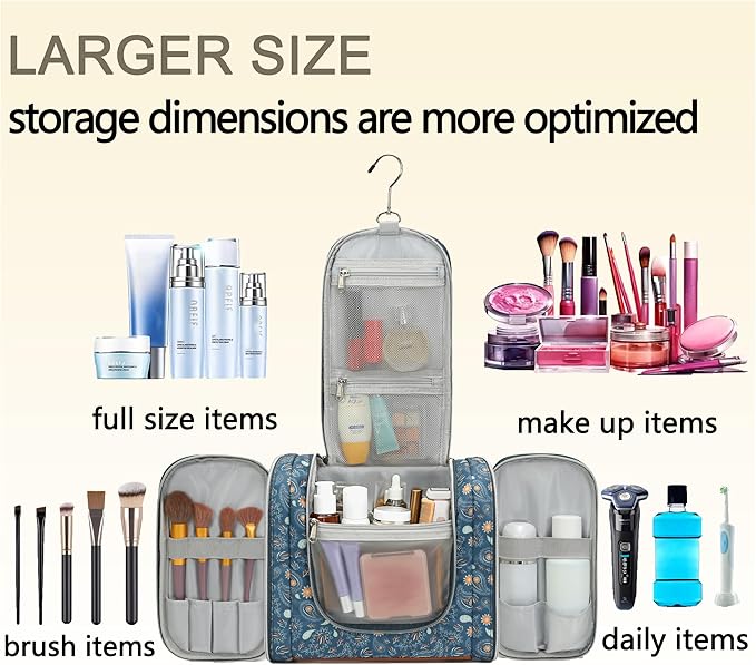 Hanging Toiletry Bag for Women, Travel Makeup with Metal Swivel Hook, Organizer for Full Sized Cosmetics and Toiletries,Water-Resistant Nylon,Paisley Floral