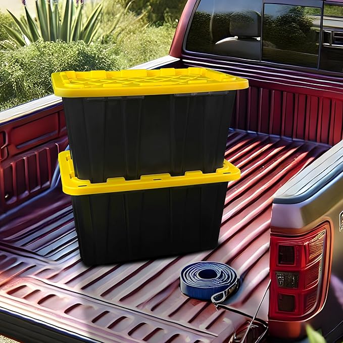 BLACK & YELLOW 27-Gallon Storage Bin with Snap-on Lid, Heavy Duty Plastic Storage Bins with Lid, Stackable, 2 Pack