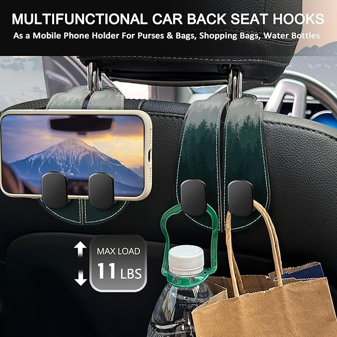 Blusabaca 2PCS Car Seat Back Storage Headrest Hooks, Forest Trees Purse Holder Bags Hanger, PU Leather Double Metal Hook for Backseat Organizer, Women Car Accessories Organization