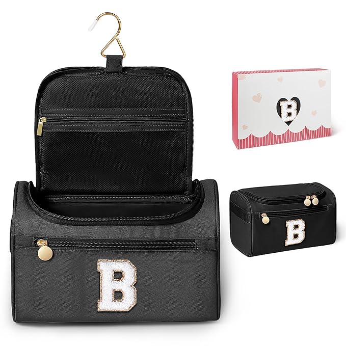 COSHAYSOO Popular Social Worker Volunteer Appreciation Gifts Thank You Office Work Anniversary Present for Admin Assistant Secretary, Initial Hanging Toiletry Bag Waterproof Black Letter B