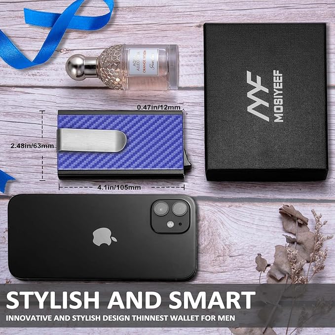 MOSIYEEF Minimalist Wallet for Men, RFID Blocking Card Wallet with Money Clip, Aluminum, Habor Blue, 6 Card Slots