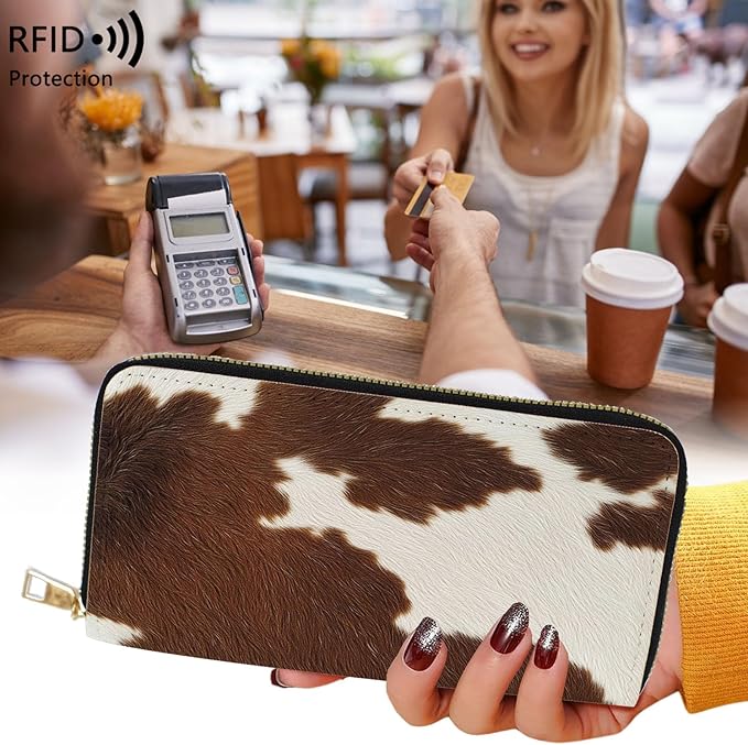 Womens Wallet,RFID Blocking Large Capacity Clutch,Zip Around Leather Purse with 8 Card Slots,Bill Compartments Coin Pocket - Brown and White Cowhide